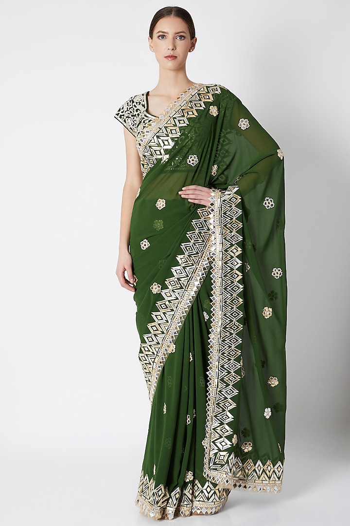 Emerald Green Embroidered Saree Set by ASAL By Abu Sandeep
