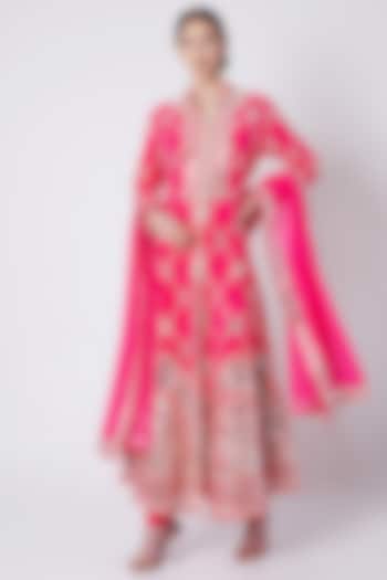 Fuchsia Pink Embroidered Sherwani Set by ASAL By Abu Sandeep