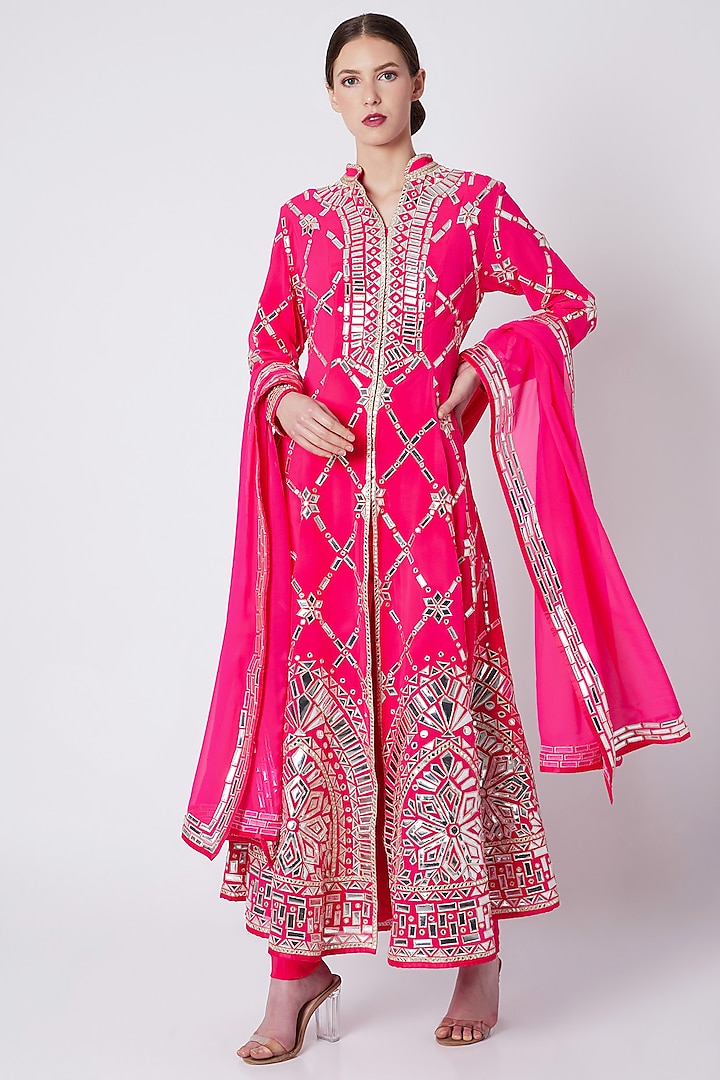 Fuchsia Pink Embroidered Sherwani Set by ASAL By Abu Sandeep