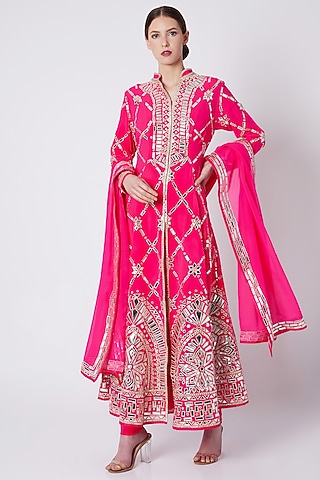 Fuchsia Pink Embroidered Sherwani Set by ASAL By Abu Sandeep
