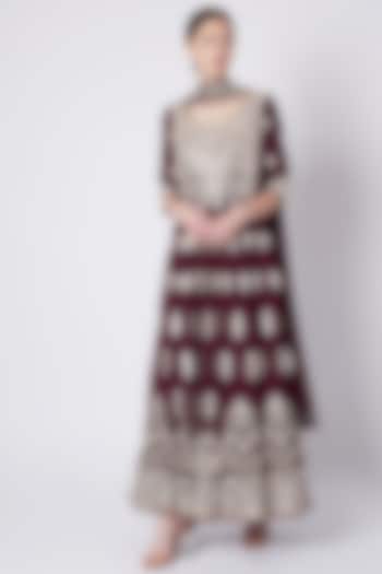 Maroon Embroidered Anarkali Set by ASAL By Abu Sandeep