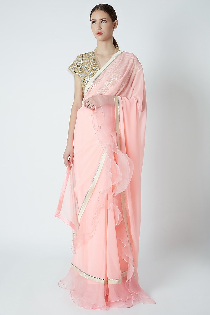 Peach Blended Georgette Ruffled Saree Set by ASAL By Abu Sandeep