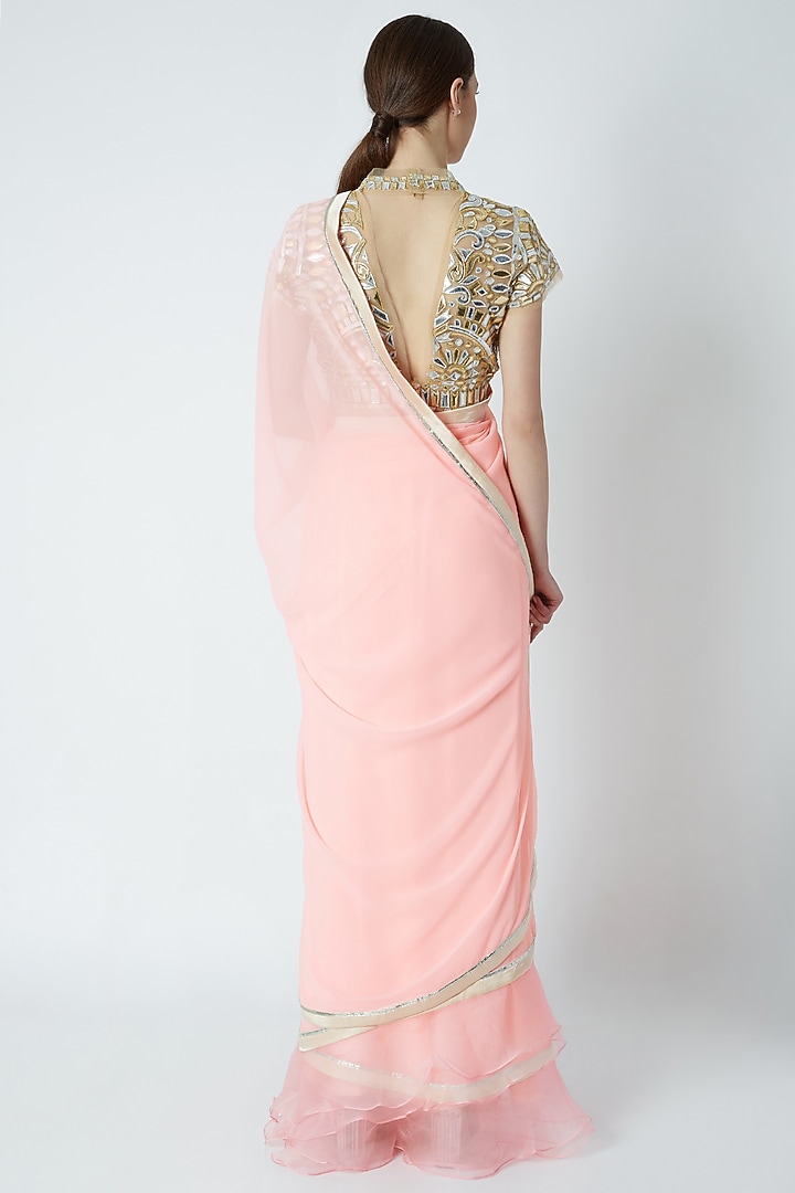 Peach Blended Georgette Ruffled Reception Saree Set by ASAL By Abu Sandeep at Pernia's Pop Up Shop