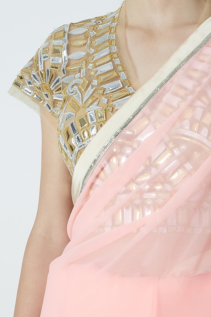 Peach Blended Georgette Ruffled Reception Saree Set by ASAL By Abu Sandeep at Pernia's Pop Up Shop