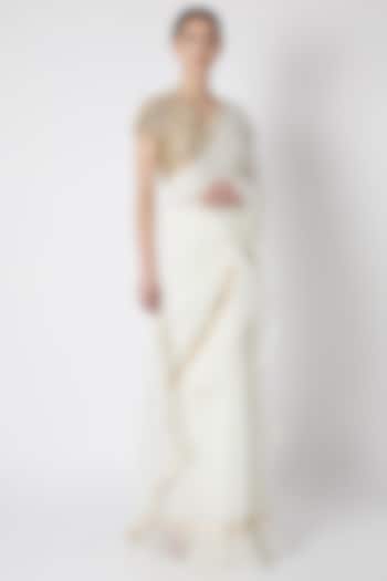 White Georgette Ruffled Saree Set by ASAL By Abu Sandeep