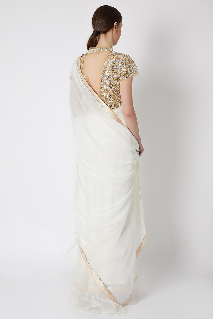 White Blended Georgette Ruffled Reception Saree Set by ASAL By Abu Sandeep at Pernia's Pop Up Shop