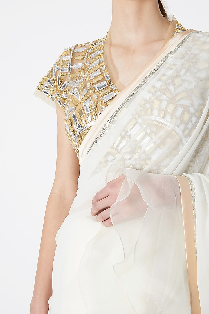 White Blended Georgette Ruffled Reception Saree Set by ASAL By Abu Sandeep at Pernia's Pop Up Shop