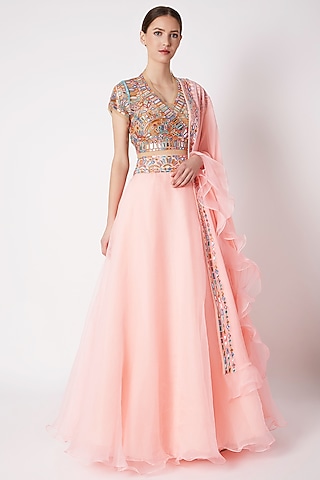 Peach Embroidered Lehenga Set by ASAL By Abu Sandeep
