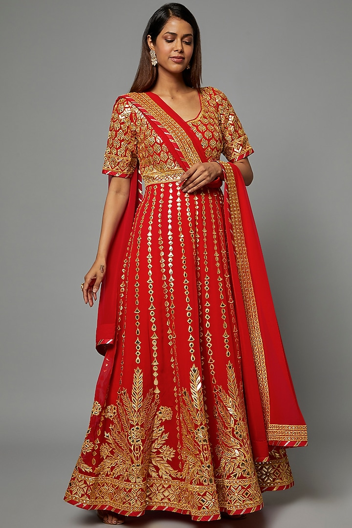 Scarlet Red Georgette Embroidered Anarkali Set by ASAL By Abu Sandeep