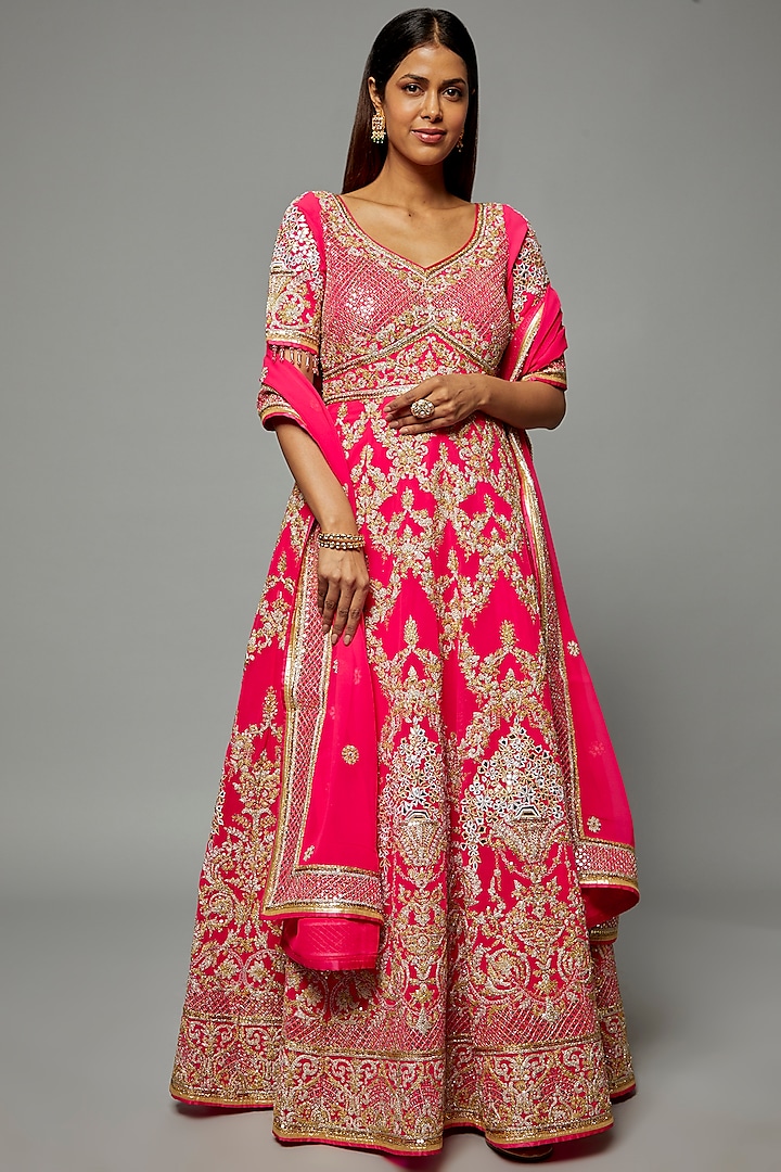 Fuchsia-Red Georgette Embroidered Anarkali Set by ASAL By Abu Sandeep