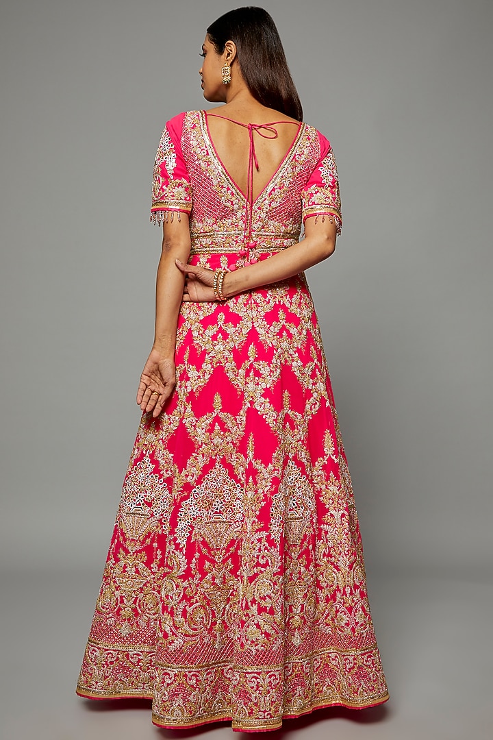 Fuchsia-Red Georgette Embroidered Bridal Anarkali Set by ASAL By Abu Sandeep at Pernia's Pop Up Shop