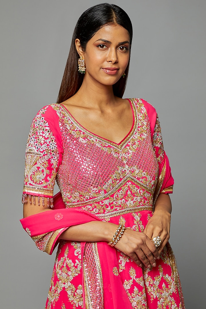 Fuchsia-Red Georgette Embroidered Bridal Anarkali Set by ASAL By Abu Sandeep at Pernia's Pop Up Shop