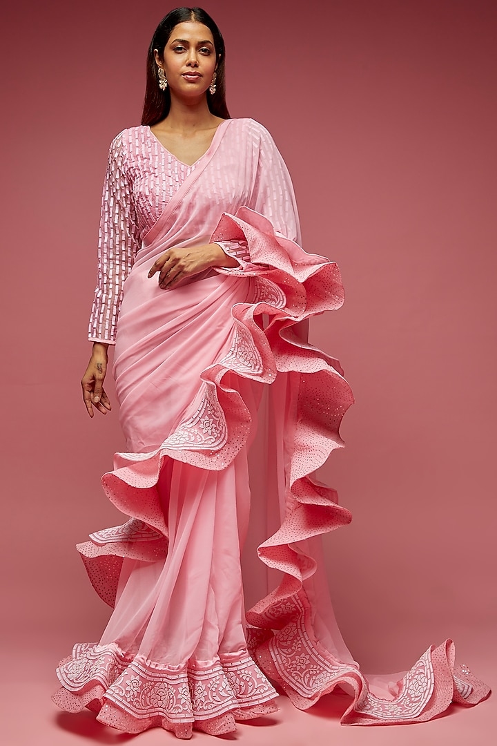 Blush Pink Blended Georgette Ruffled Saree Set by ASAL By Abu Sandeep