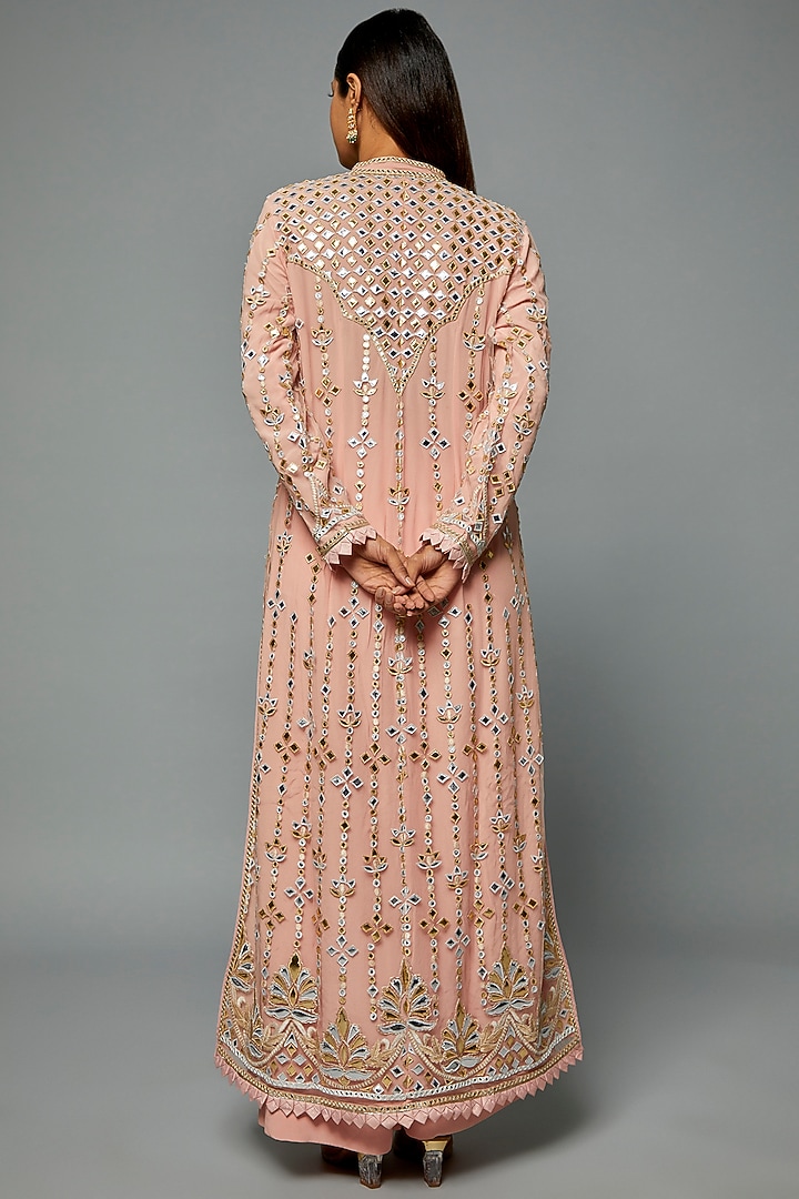 Peach Net Embroidered Kurta Set by ASAL By Abu Sandeep at Pernia's Pop Up Shop