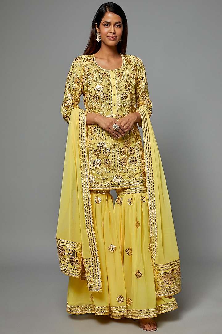 Yellow Georgette Gharara Set by ASAL By Abu Sandeep