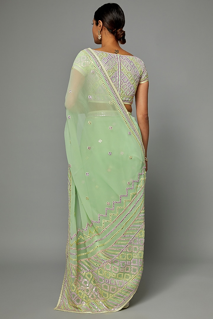 Mint Green Georgette Embroidered Reception Saree Set by ASAL By Abu Sandeep at Pernia's Pop Up Shop