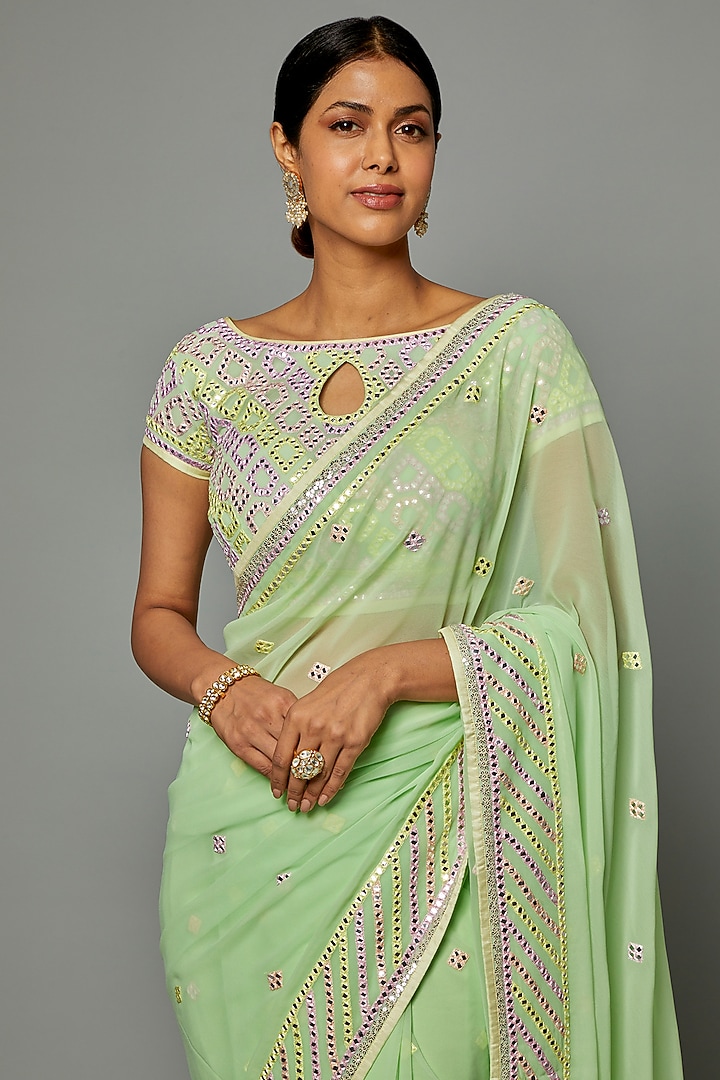 Mint Green Georgette Embroidered Reception Saree Set by ASAL By Abu Sandeep at Pernia's Pop Up Shop