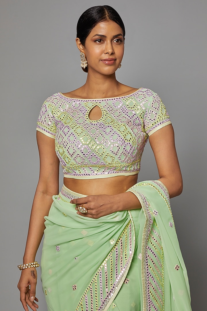 Mint Green Georgette Embroidered Reception Saree Set by ASAL By Abu Sandeep at Pernia's Pop Up Shop