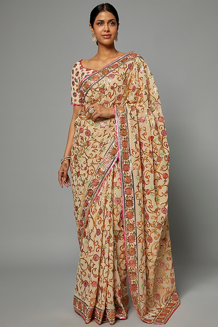 Beige Georgette Embroidered Saree Set by ASAL By Abu Sandeep