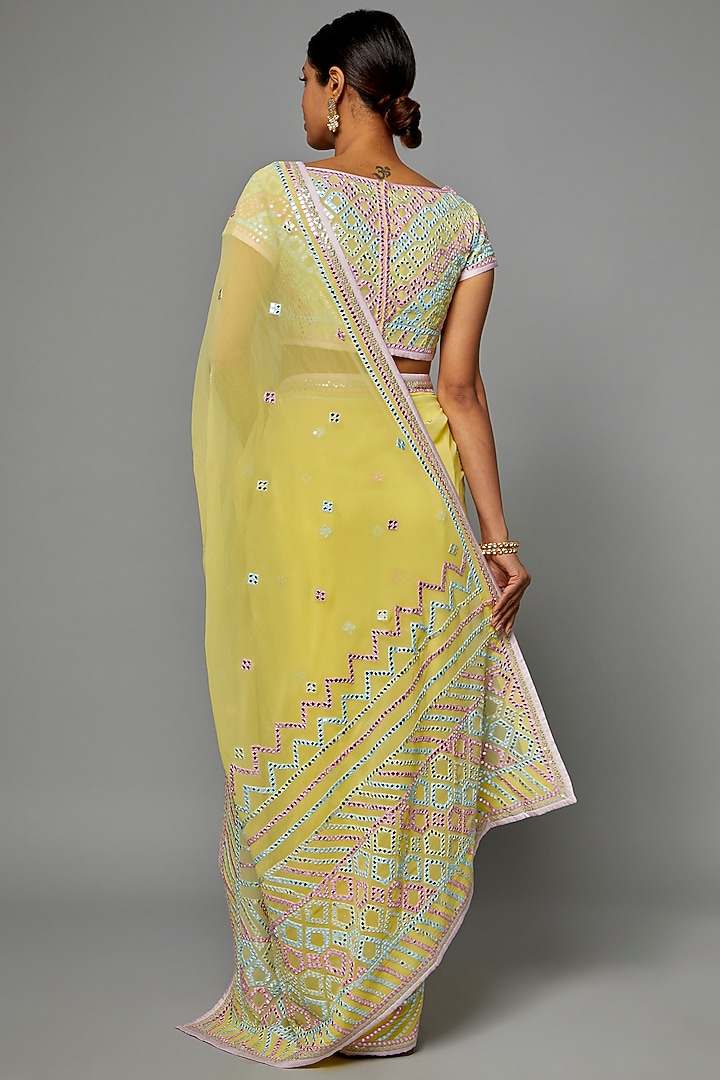 Yellow Georgette Embroidered Reception Saree Set by ASAL By Abu Sandeep at Pernia's Pop Up Shop