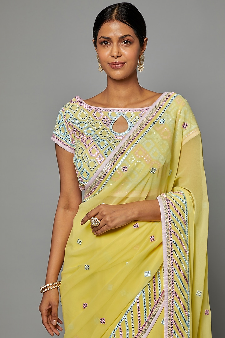 Yellow Georgette Embroidered Reception Saree Set by ASAL By Abu Sandeep at Pernia's Pop Up Shop