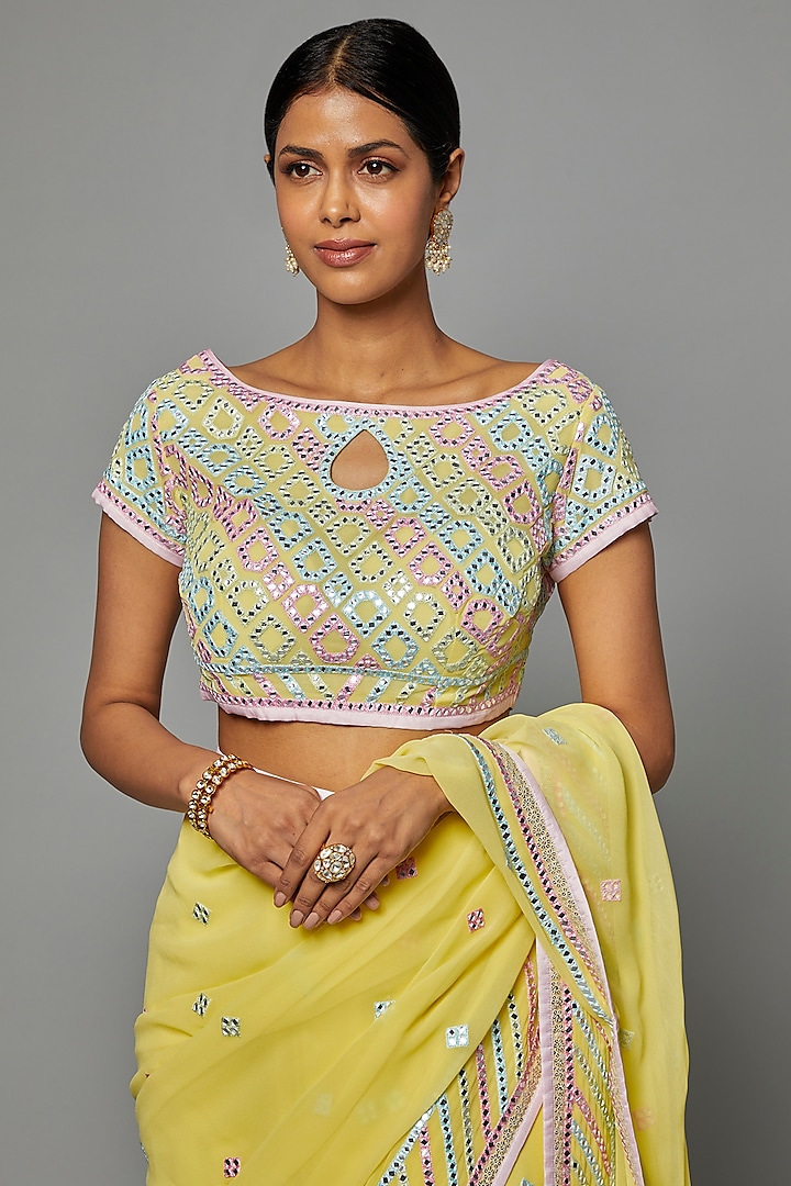 Yellow Georgette Embroidered Reception Saree Set by ASAL By Abu Sandeep at Pernia's Pop Up Shop