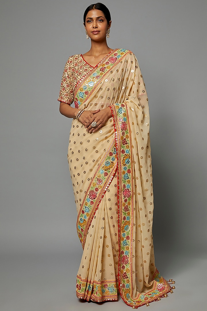 Beige Blended Georgette Embroidered Saree Set by ASAL By Abu Sandeep