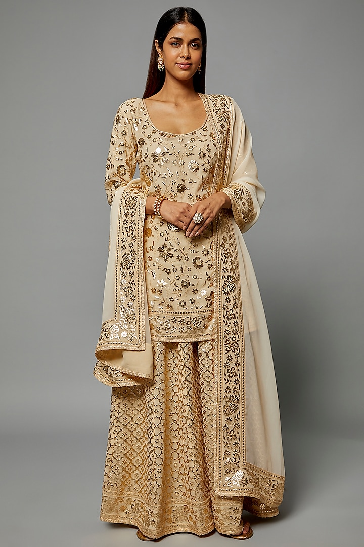 Beige Georgette Embellished Gharara Set by ASAL By Abu Sandeep