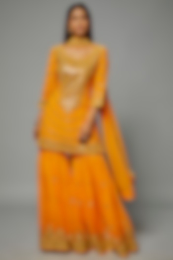 Orange Georgette Embellished Gharara Set by ASAL By Abu Sandeep