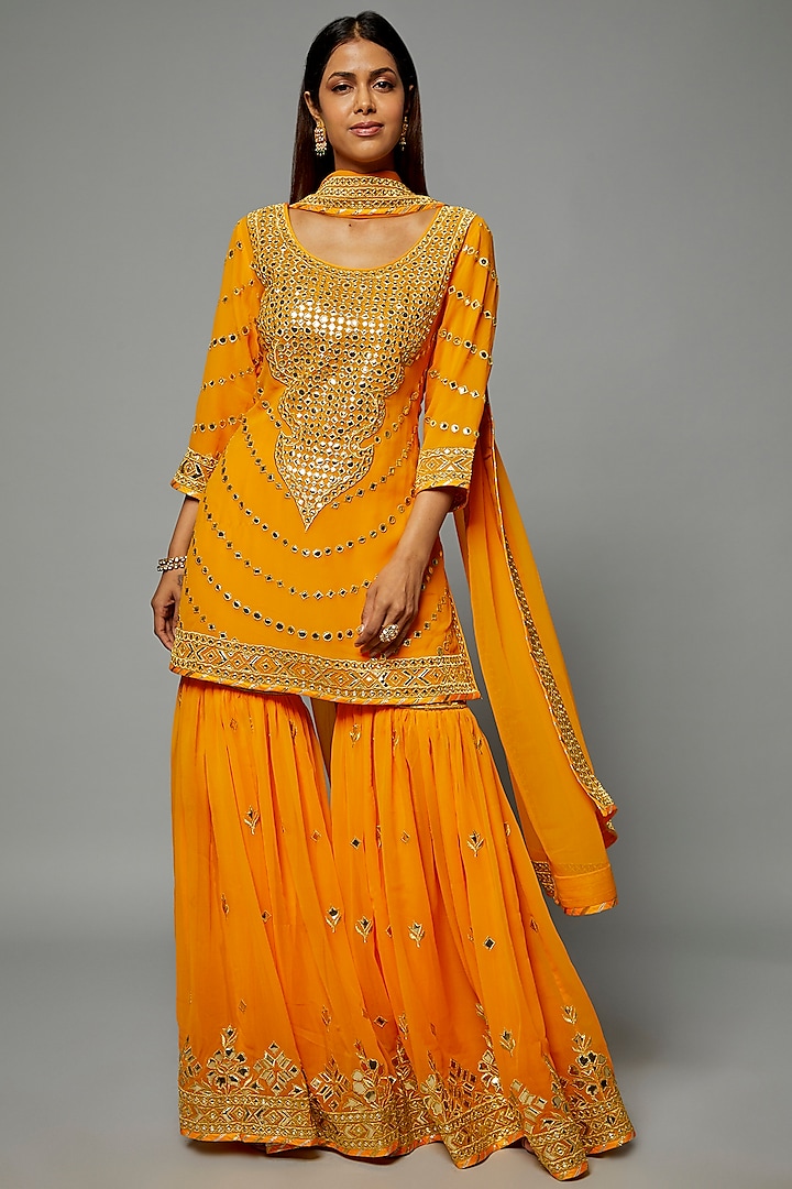 Orange Georgette Embellished Gharara Set by ASAL By Abu Sandeep