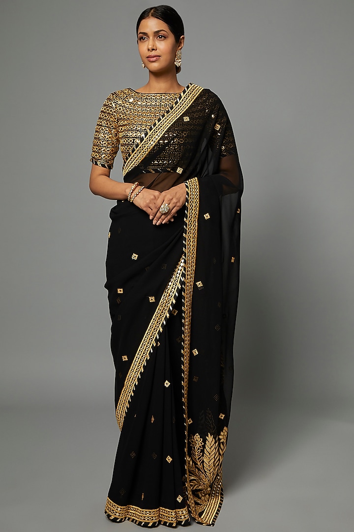 Black Georgette Embroidered Saree Set by ASAL By Abu Sandeep