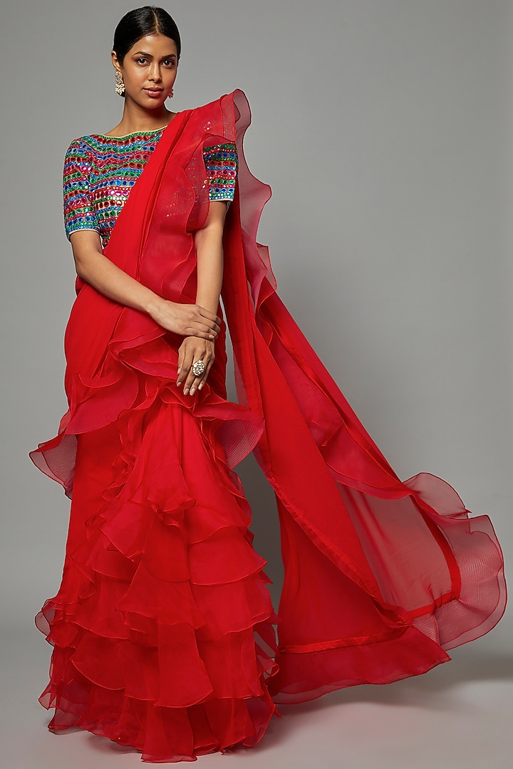 Red Blended Georgette Ruffled Saree Set by ASAL By Abu Sandeep