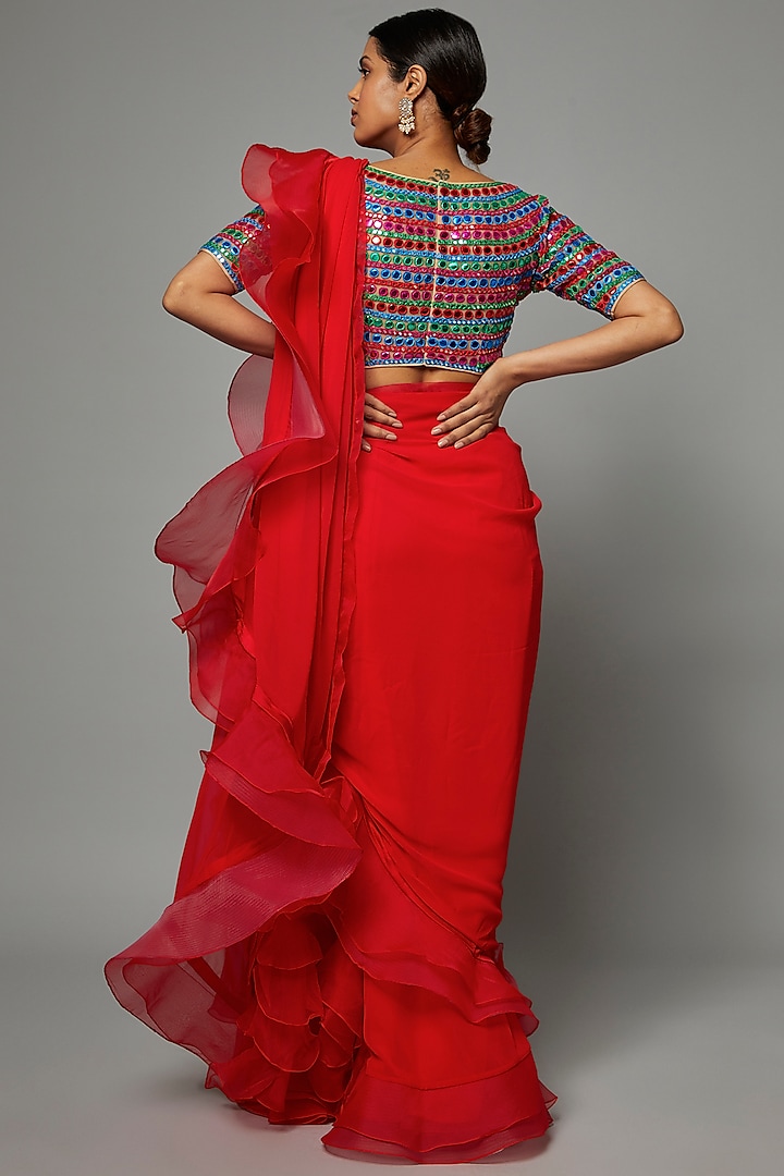 Red Blended Georgette Ruffled Bridal Saree Set by ASAL By Abu Sandeep at Pernia's Pop Up Shop