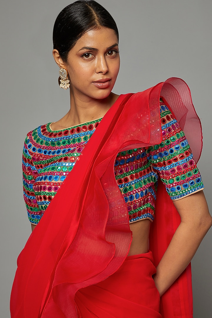 Red Blended Georgette Ruffled Bridal Saree Set by ASAL By Abu Sandeep at Pernia's Pop Up Shop
