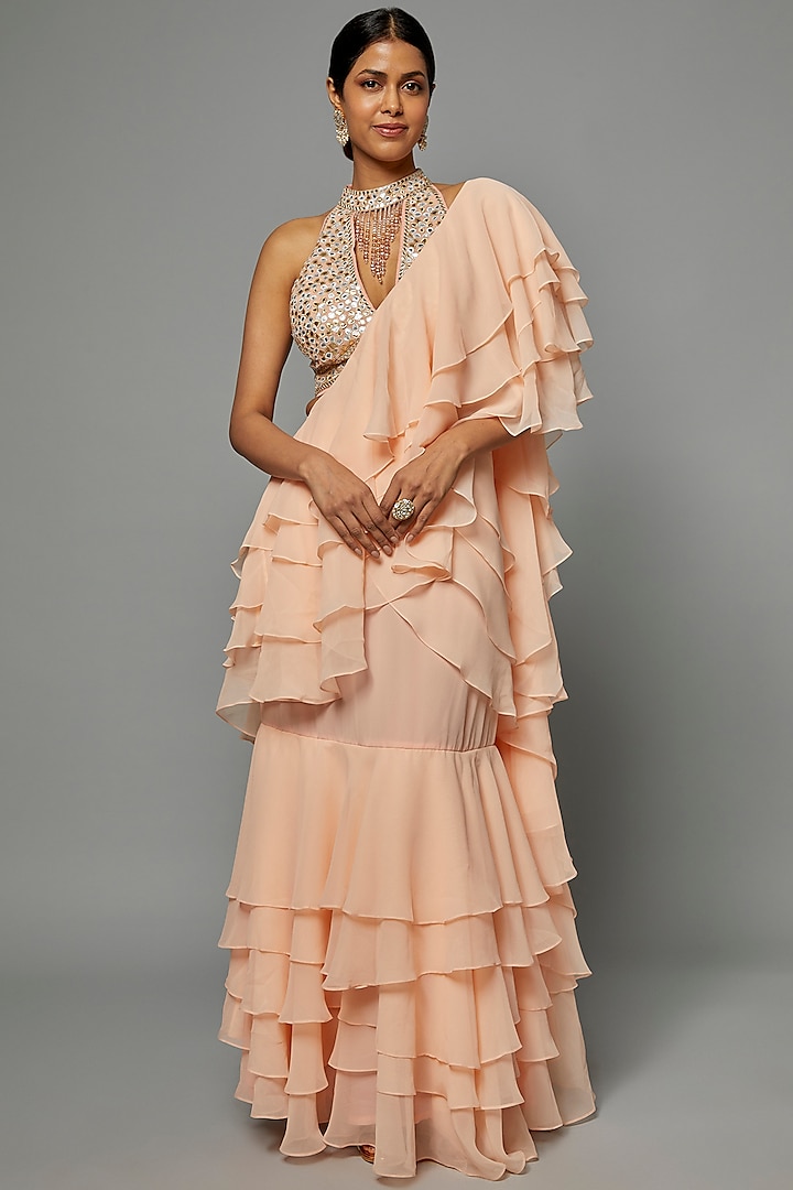 Peach Blended Georgette Ruffled Saree Set by ASAL By Abu Sandeep