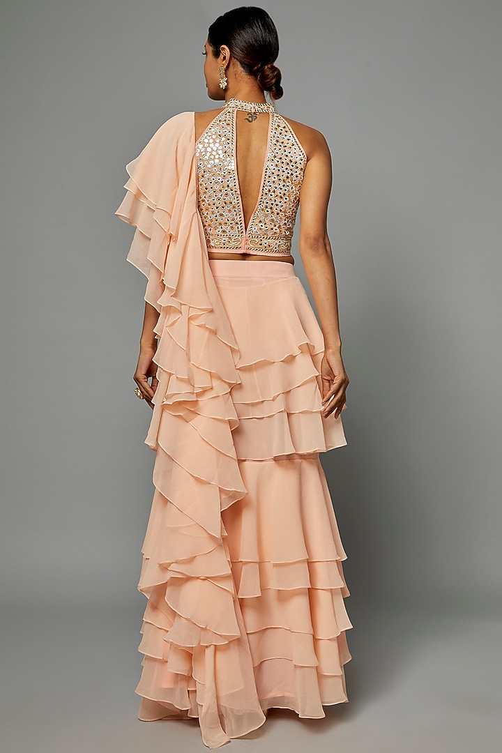 Peach Blended Georgette Ruffled Reception Saree Set by ASAL By Abu Sandeep at Pernia's Pop Up Shop