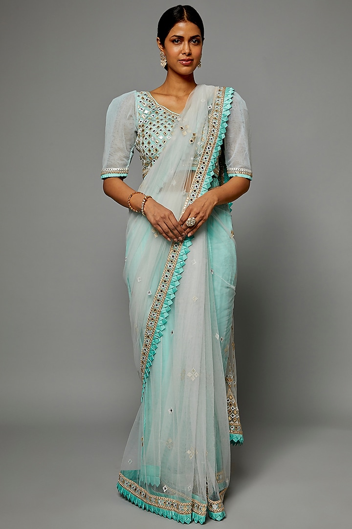 Blue Georgette Mirror Embroidered Saree Set by ASAL By Abu Sandeep