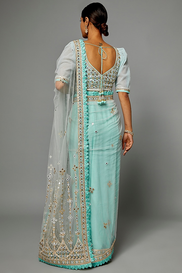 Blue Georgette Mirror Embroidered Reception Saree Set by ASAL By Abu Sandeep at Pernia's Pop Up Shop