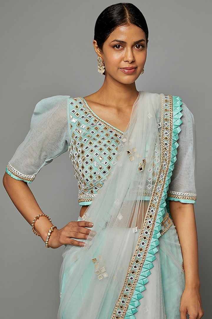 Blue Georgette Mirror Embroidered Reception Saree Set by ASAL By Abu Sandeep at Pernia's Pop Up Shop