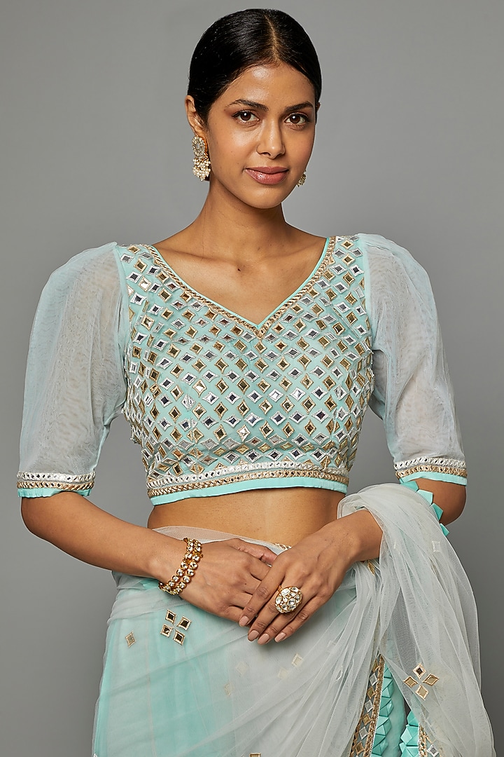 Blue Georgette Mirror Embroidered Reception Saree Set by ASAL By Abu Sandeep at Pernia's Pop Up Shop