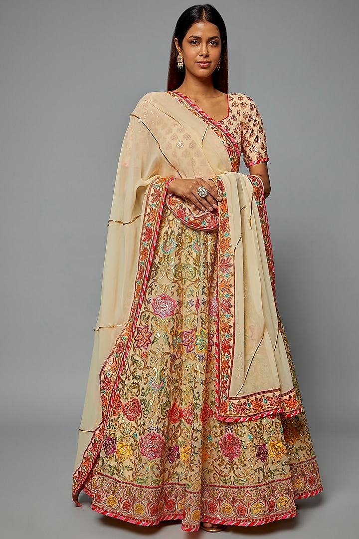 Beige Georgette Embellished Anarkali Set by ASAL By Abu Sandeep