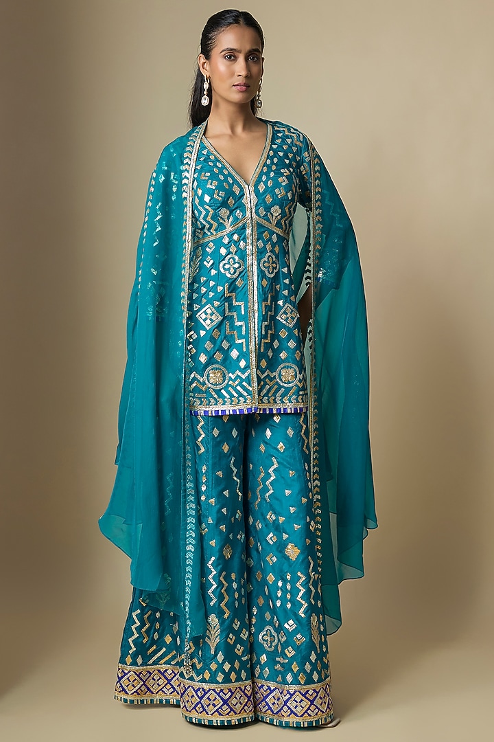 Blue Pure Silk Gota Bridal Sharara Set by ASAL By Abu Sandeep at Pernia's Pop Up Shop
