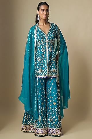 Blue Pure Silk Gota Sharara Set by ASAL By Abu Sandeep