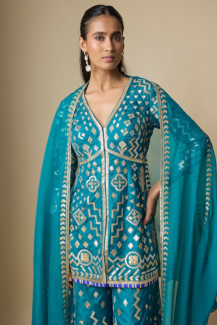 Blue Pure Silk Gota Bridal Sharara Set by ASAL By Abu Sandeep at Pernia's Pop Up Shop