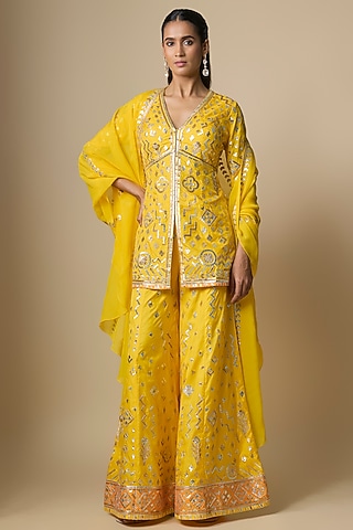 Yellow Pure Silk Gota Sharara Set by ASAL By Abu Sandeep