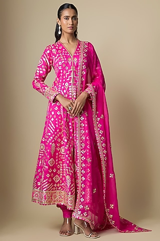Pink Pure Silk Gota Anarkali Set by ASAL By Abu Sandeep