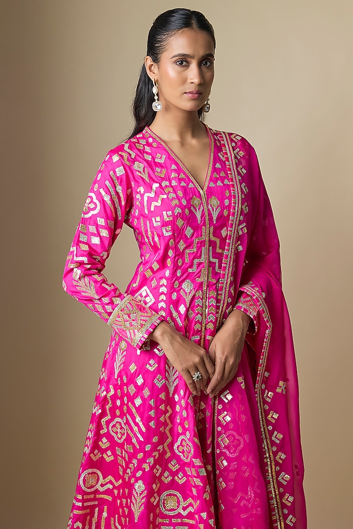 Pink Pure Silk Gota Bridal Anarkali Set by ASAL By Abu Sandeep at Pernia's Pop Up Shop