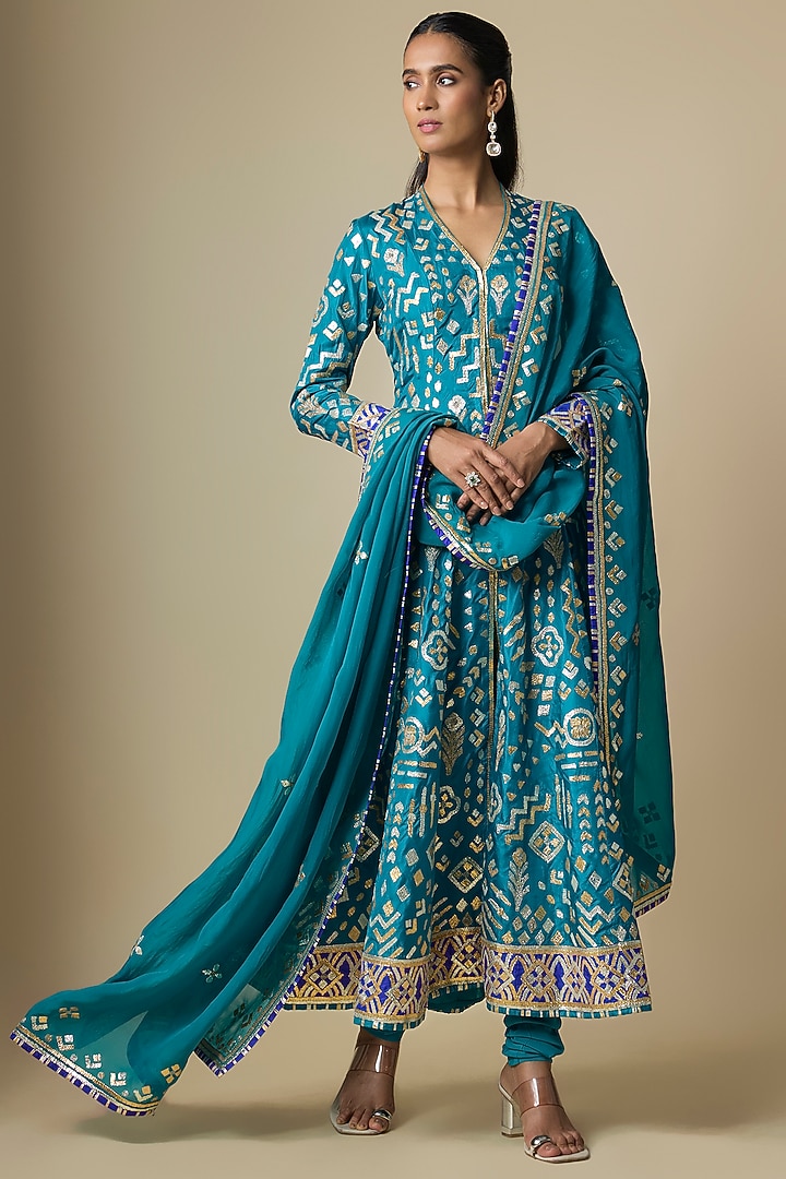 Blue Pure Silk Gota Bridal Anarkali Set by ASAL By Abu Sandeep at Pernia's Pop Up Shop