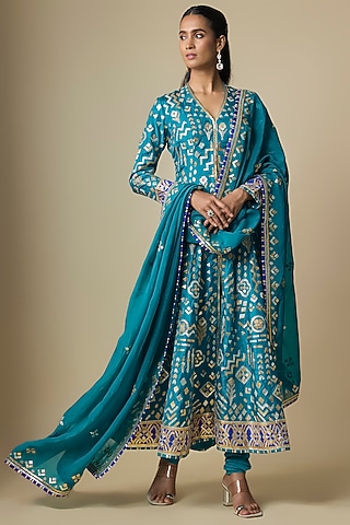 Blue Pure Silk Gota Anarkali Set by ASAL By Abu Sandeep