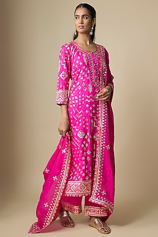 Pink Pure Silk Gota Kurta Set by ASAL By Abu Sandeep